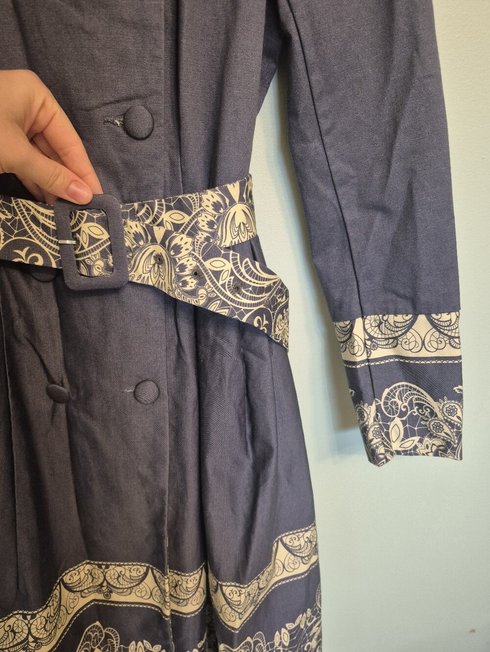 Artka Women's Navy Blue Double-Breasted Trench Coat Cream Paisley Trim Size S - Picture 4 of 9
